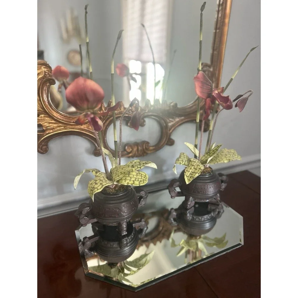 Pair Of Faux Burgundy Orchids in Chinese Resin Footed Bowl 21